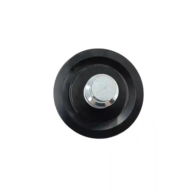 Black pulley wheel with a silver center on a white background