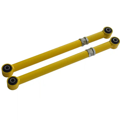 Two yellow Lower Trailing Arms with black ends on a white background