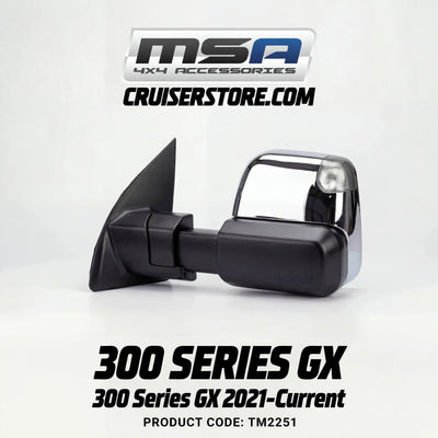 MSA-4x4-Power-Fold-Towing-Mirrors-suitable-for-Landcruiser-300-Series-GX-2021-Current-Chrome-Electric-Indicators-Power-Fold-TM2251