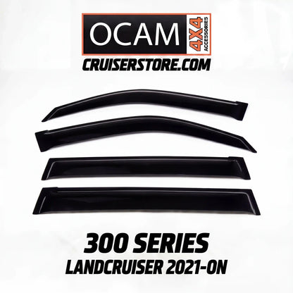Car window deflectors with OCAM 4x4 Accessories branding on a white background