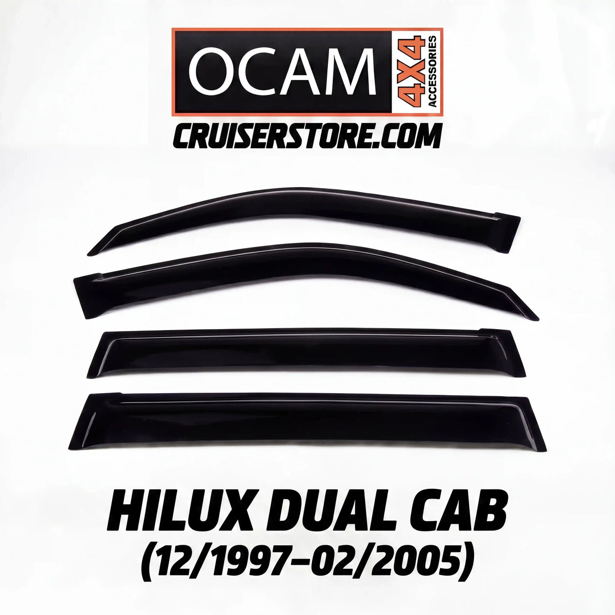 Set of black window deflectors for Hilux Dual Cab with OCAM 4x4 Accessories branding on a white background.