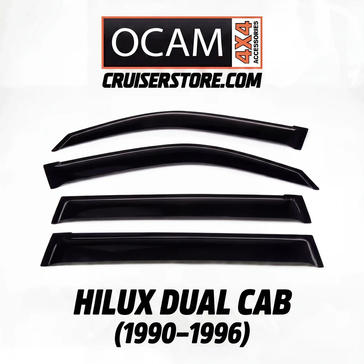 Set of black window deflectors for Hilux Dual Cab with OCAM 4x4 Accessories branding on a white background.