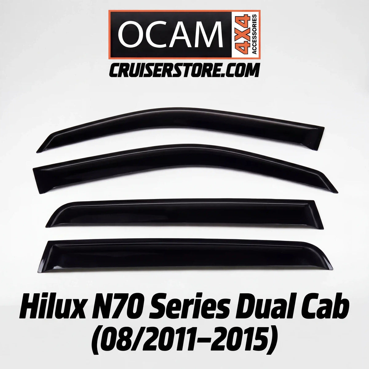 Set of black window deflector for Hilux N70 Series Dual Cab with OCAM Crusierstore branding on a white background.