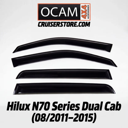 Set of black window deflector for Hilux N70 Series Dual Cab with OCAM Crusierstore branding on a white background.