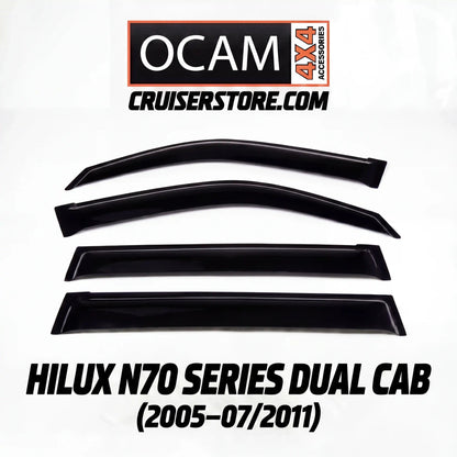 Set of black window deflector for Hilux N70 series dual cab with OCAM Cruserstore branding.