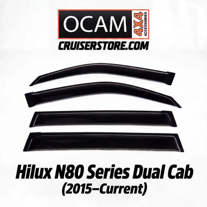 Set of car window deflectors with OCAM Crusierstore branding on a white background