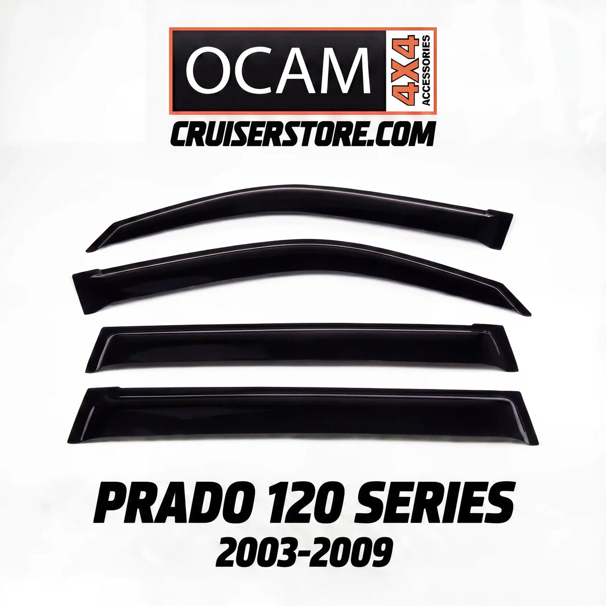 Set of black window deflectors with OCAM 4x4 Accessories branding on a white background.