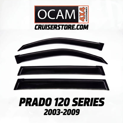 Set of black window deflectors with OCAM 4x4 Accessories branding on a white background.