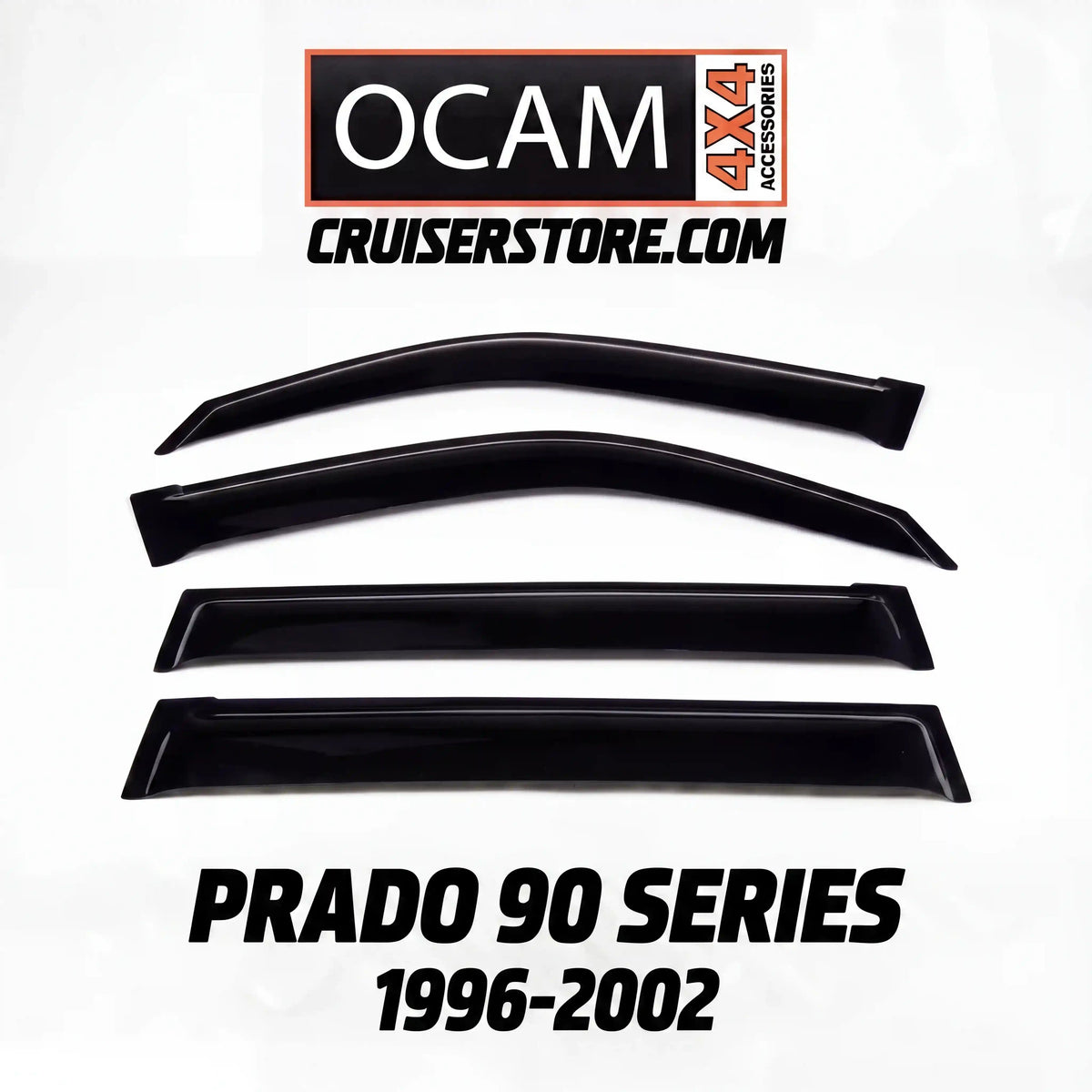 Set of car window deflectors with OCAM 4x4 Accessories branding on a white background.