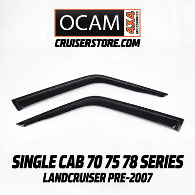 OCAM 4x4 weather shields (2 piece) for Toyota LandCruiser 70, 75 & 78 Series single cab (pre-2007) on a white background
