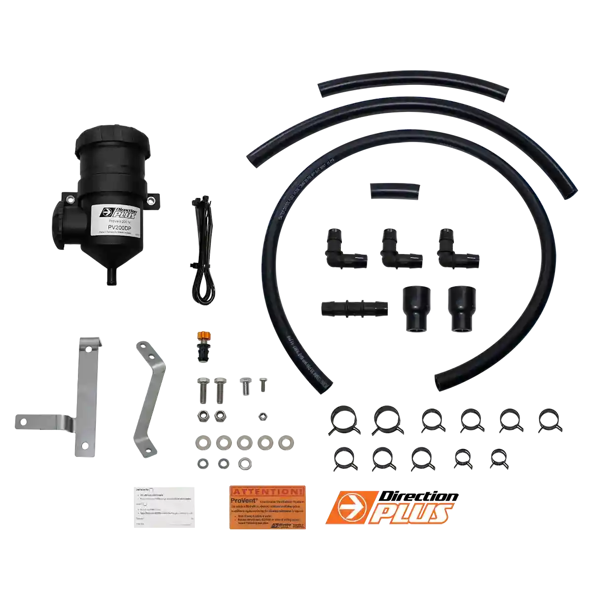 Collection of catch a black pump, hoses, and connectors on a white background.