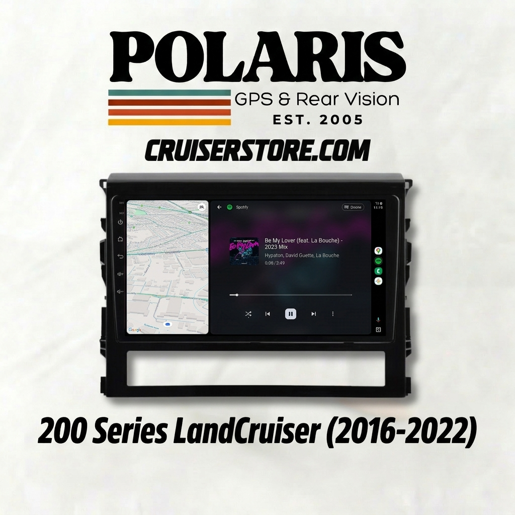 Polaris 12.1 inch head unit for Toyota LandCruiser 200 Series with GPS and rear vision on a white background
