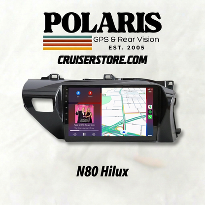 Car stereo system with GPS and rear vision on a white background, featuring Polaris branding.