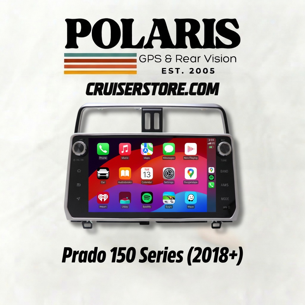 Polaris GPS & Rear Vision system for Prado 150 Series (2018+) with colorful display on a white background.