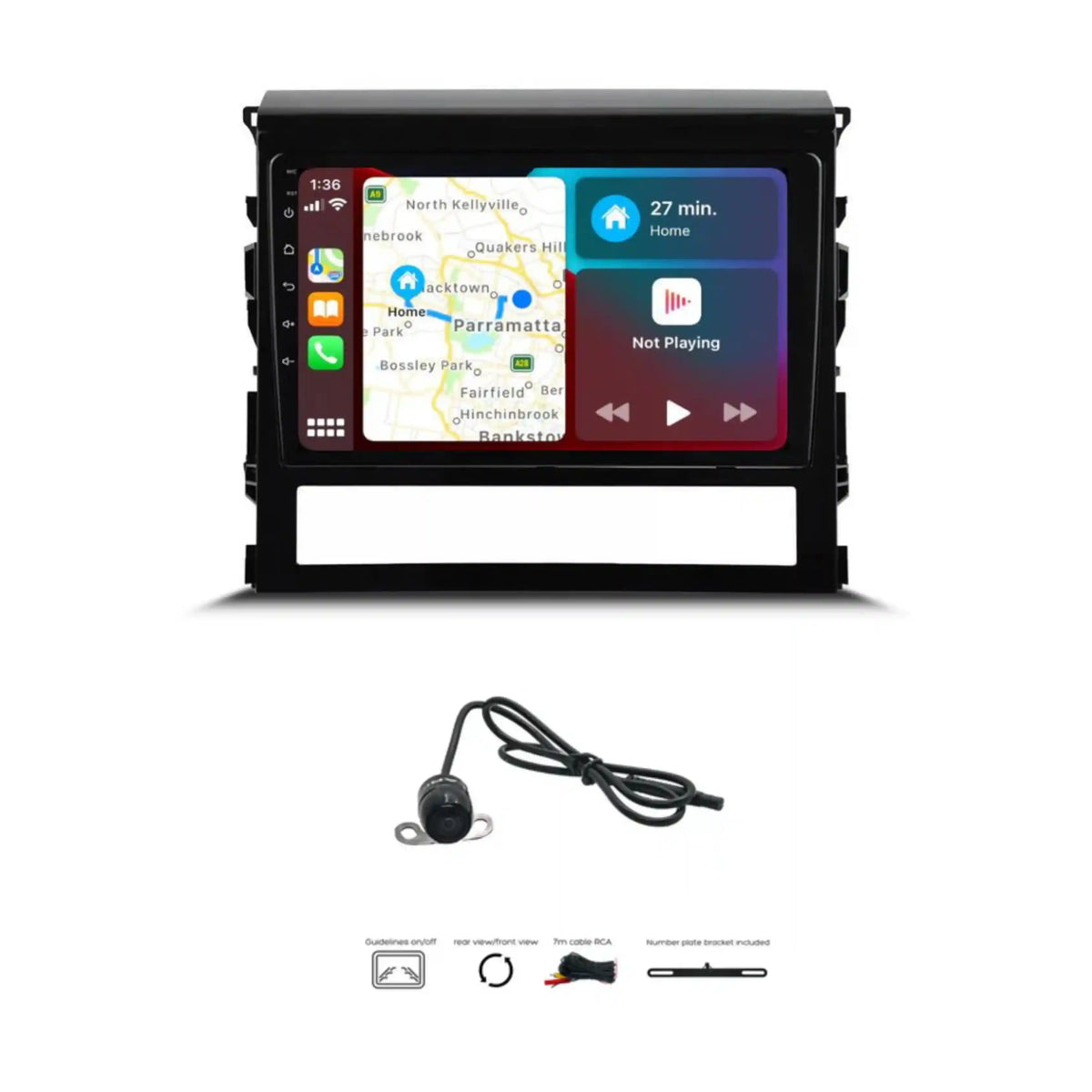 Car multimedia system with touchscreen display and a camera on a white background