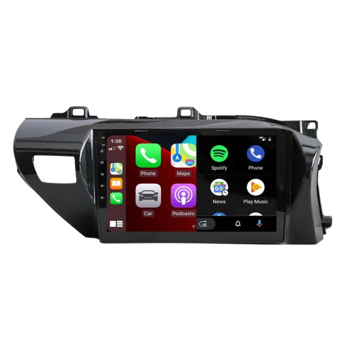 Car multimedia system with touchscreen display on a white background