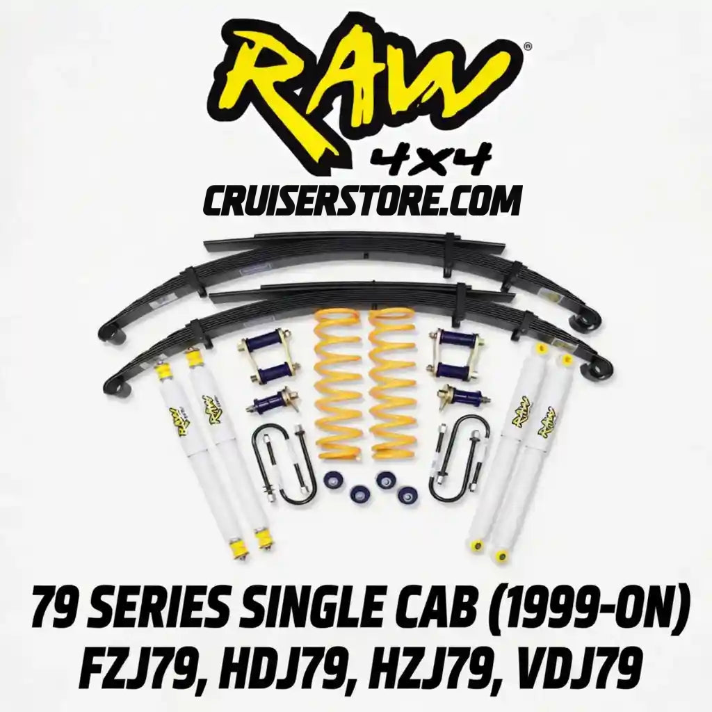 4x4 suspension parts with Raw 4x4 Cruisers logo on a white background