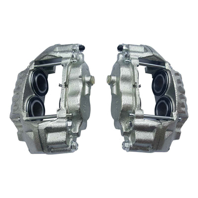 Two metallic Front Disc Brake Calipers on a white background