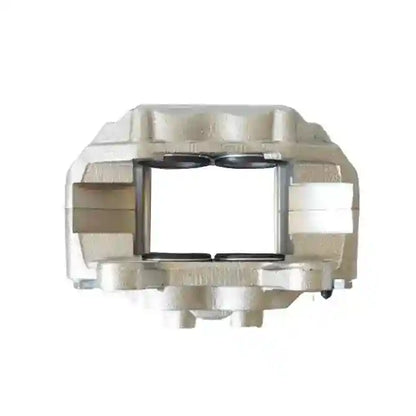 Metallic brake caliper on a white background