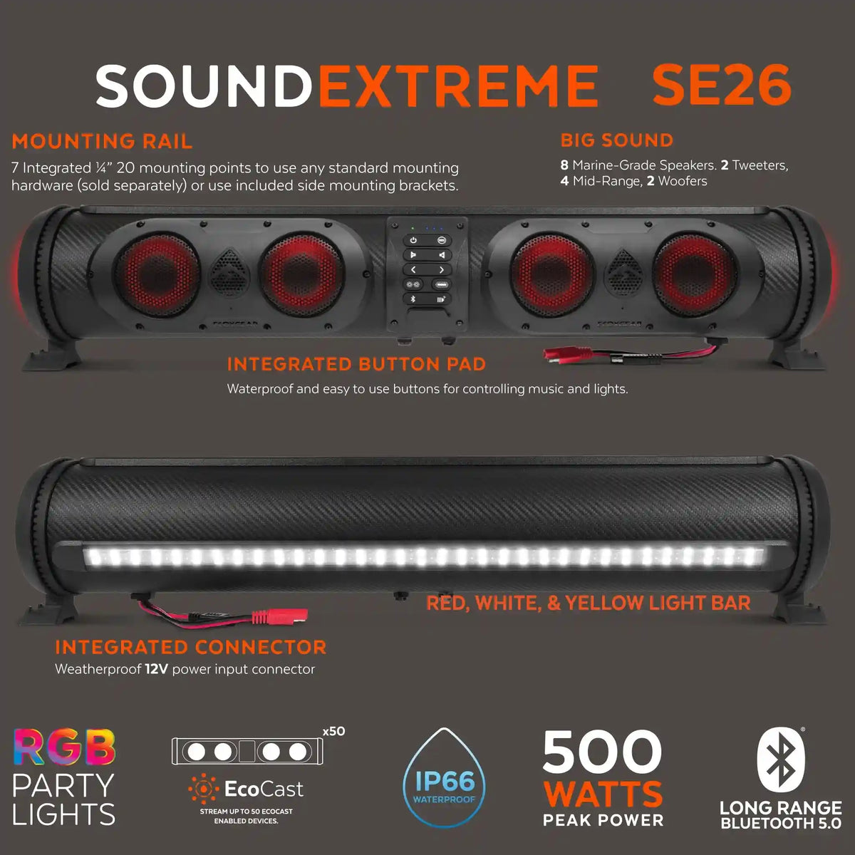 SoundExtreme SE26 audio system with LED light bar on a gray background