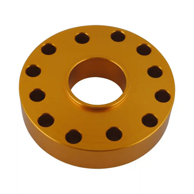 Gold metal flange with multiple holes on a white background