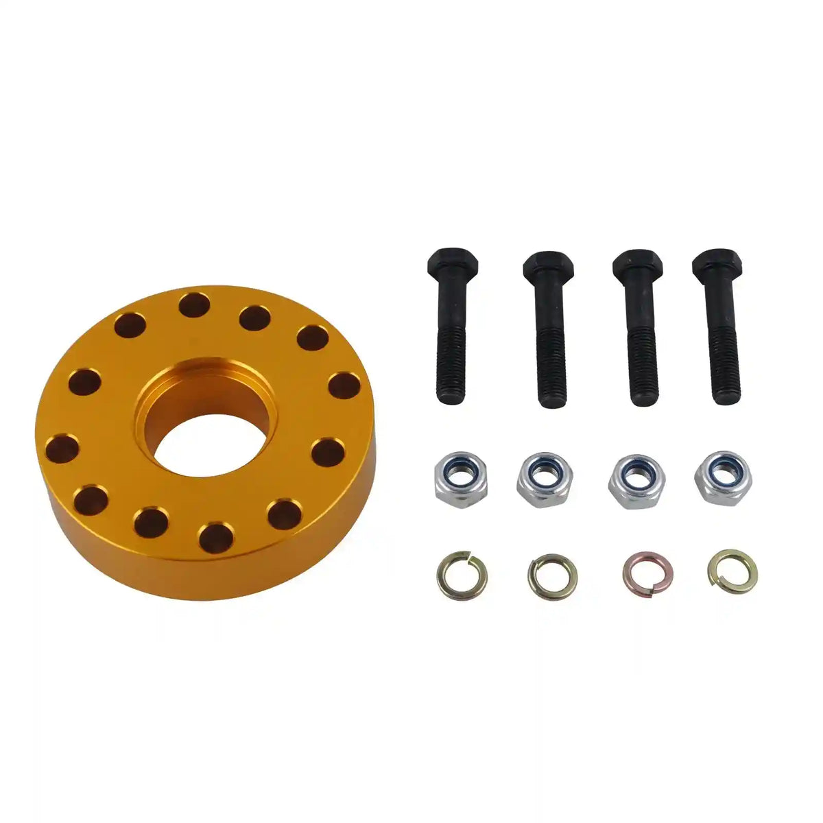 Gold Shaft Spacer with black screws and washers on a white background