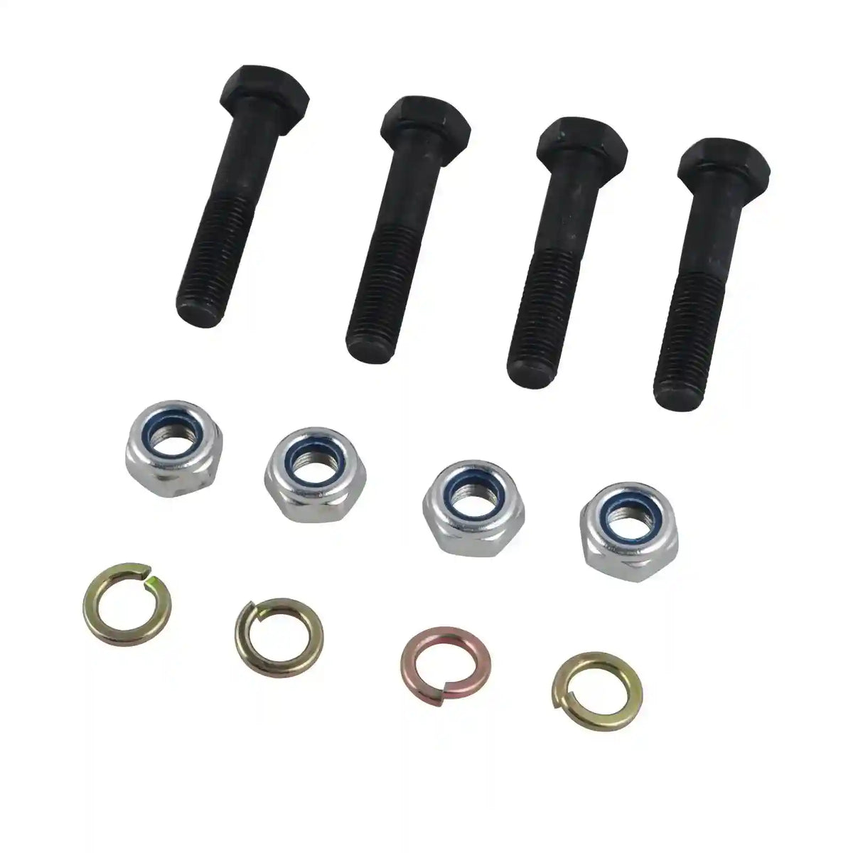 Set of black bolts and metal washers on a white background
