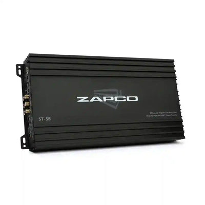 Black Zapco audio amplifier on a white background