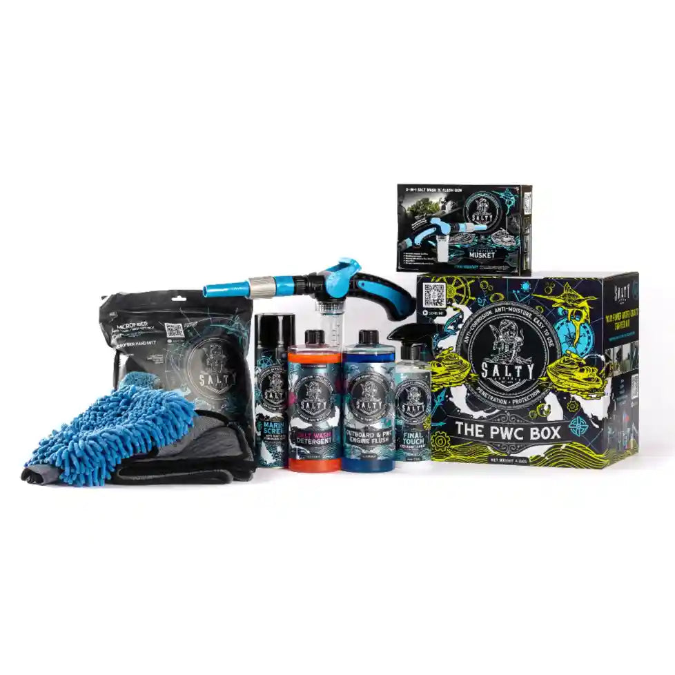 The PWC Box of car care products including bottles, a microfiber cloth, and packaging on a white background.