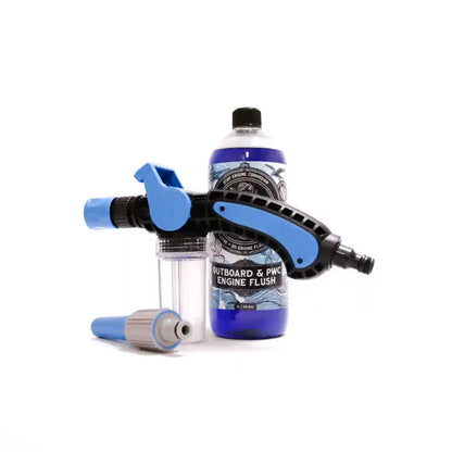 Blue and black engine flush system with a bottle on a white background