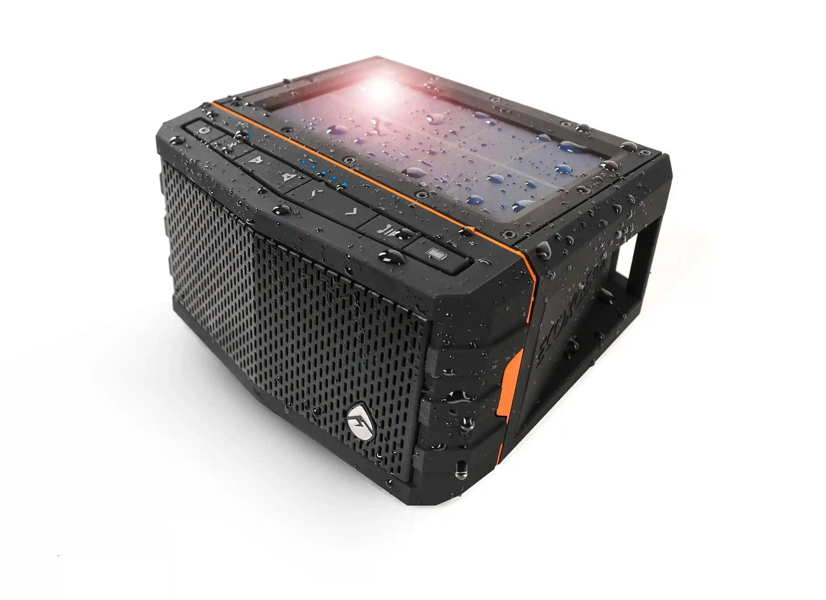 Rugged outdoor speaker with water-resistant design on a white background