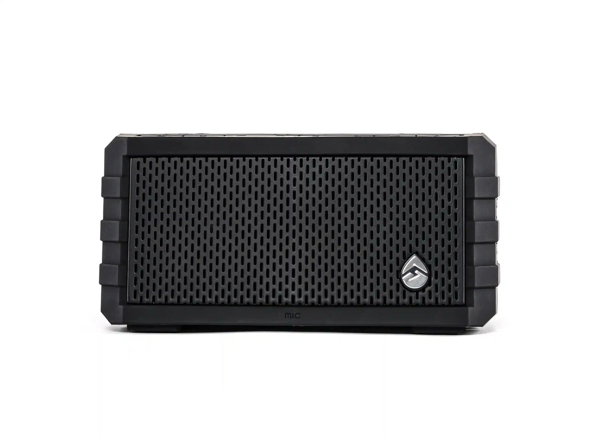 Black portable speaker with a brand logo on a white background