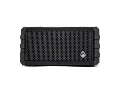 Black portable speaker with a brand logo on a white background