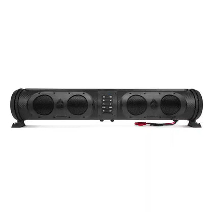Black speaker bar with multiple drivers on a white background