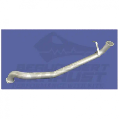 Metal exhaust pipe on a blue background with a brand logo.