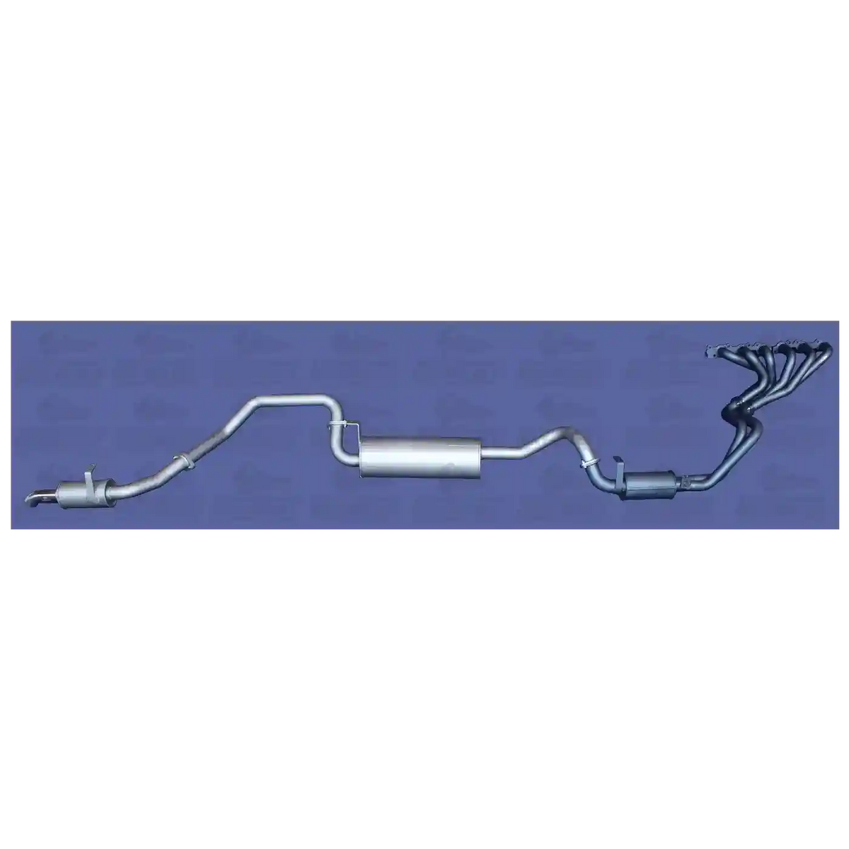 Car exhaust system on a blue background with a brand logo.