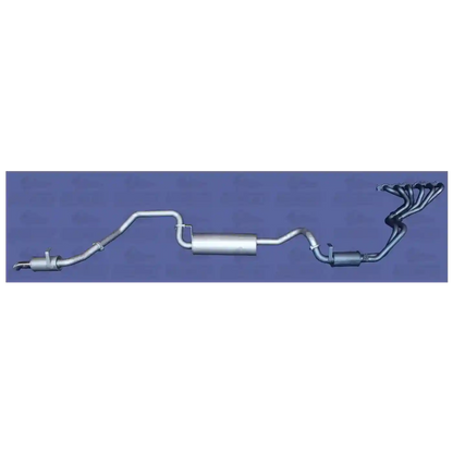 Car exhaust system on a blue background with a brand logo.