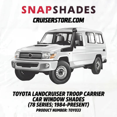 Snap Shades magnetic window shades for Toyota LandCruiser Troop Carrier 75 and 78 Series on a white background