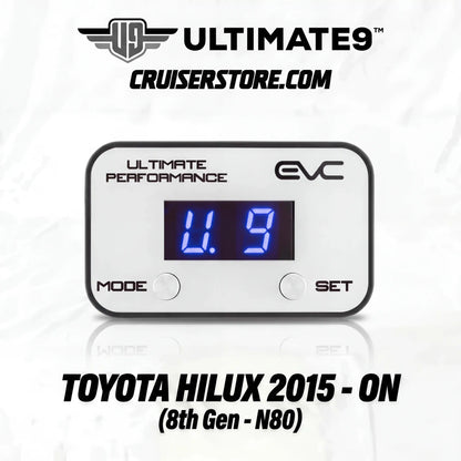 Digital gauge with blue display on a white background, featuring Ultimate9 and EVC branding.