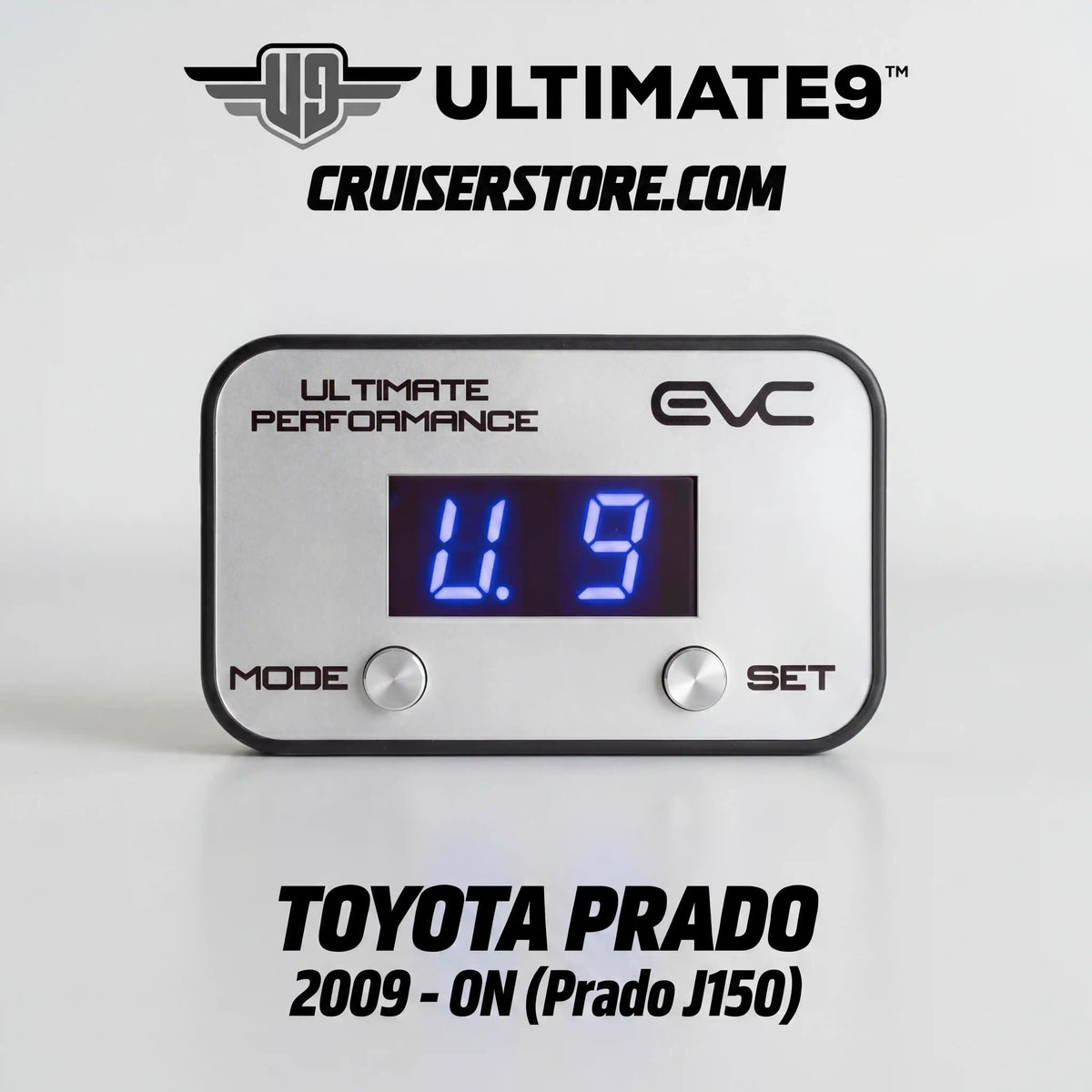 Digital gauge with blue display on a white background, featuring Ultimate9 Cruiserstore branding.