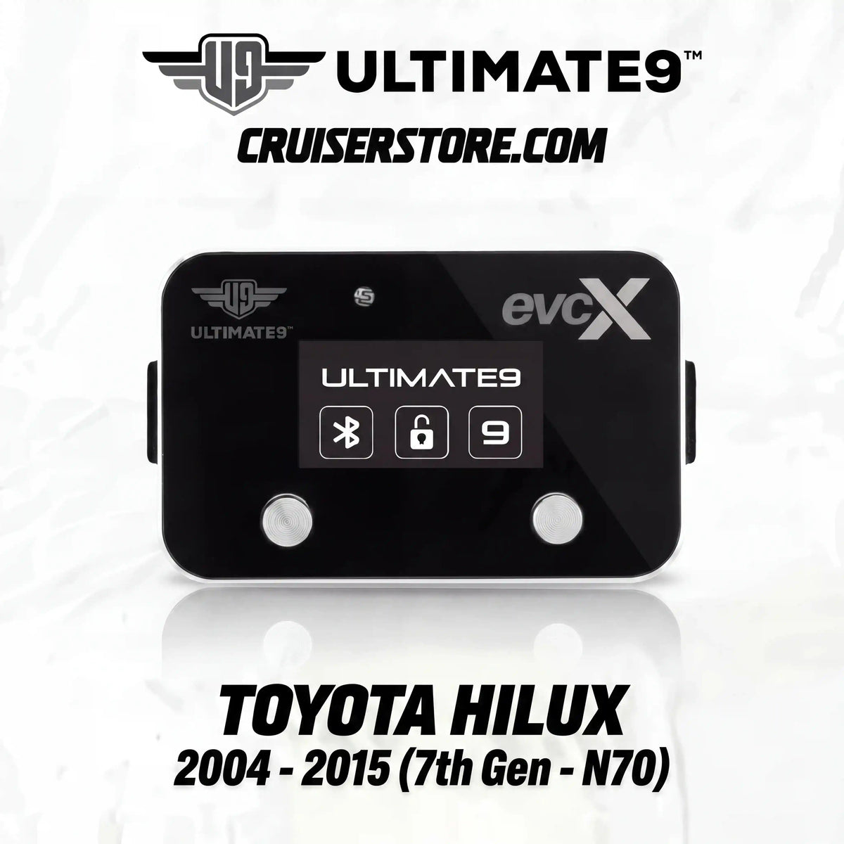 Black Ultimate9 evcX throttle controller with branding on a white background
