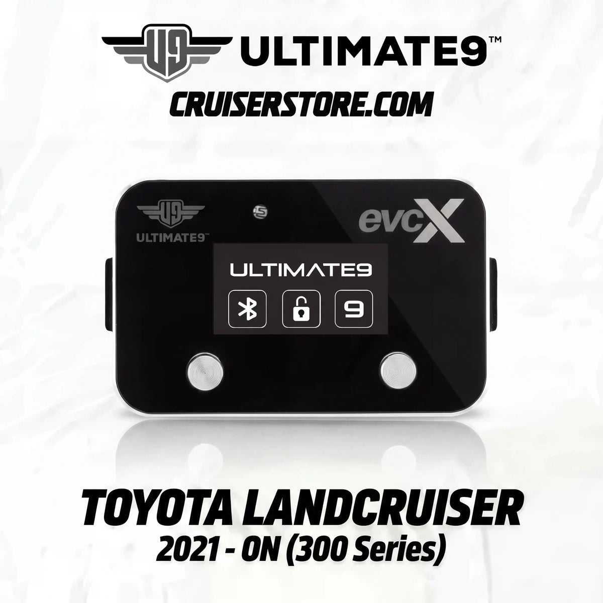 Black electronic device with branding on a white background, featuring 'Ultimate9' and 'evcX'.