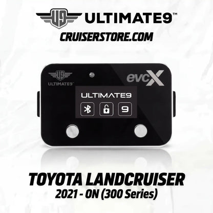 Black electronic device with branding on a white background, featuring 'Ultimate9' and 'evcX'.