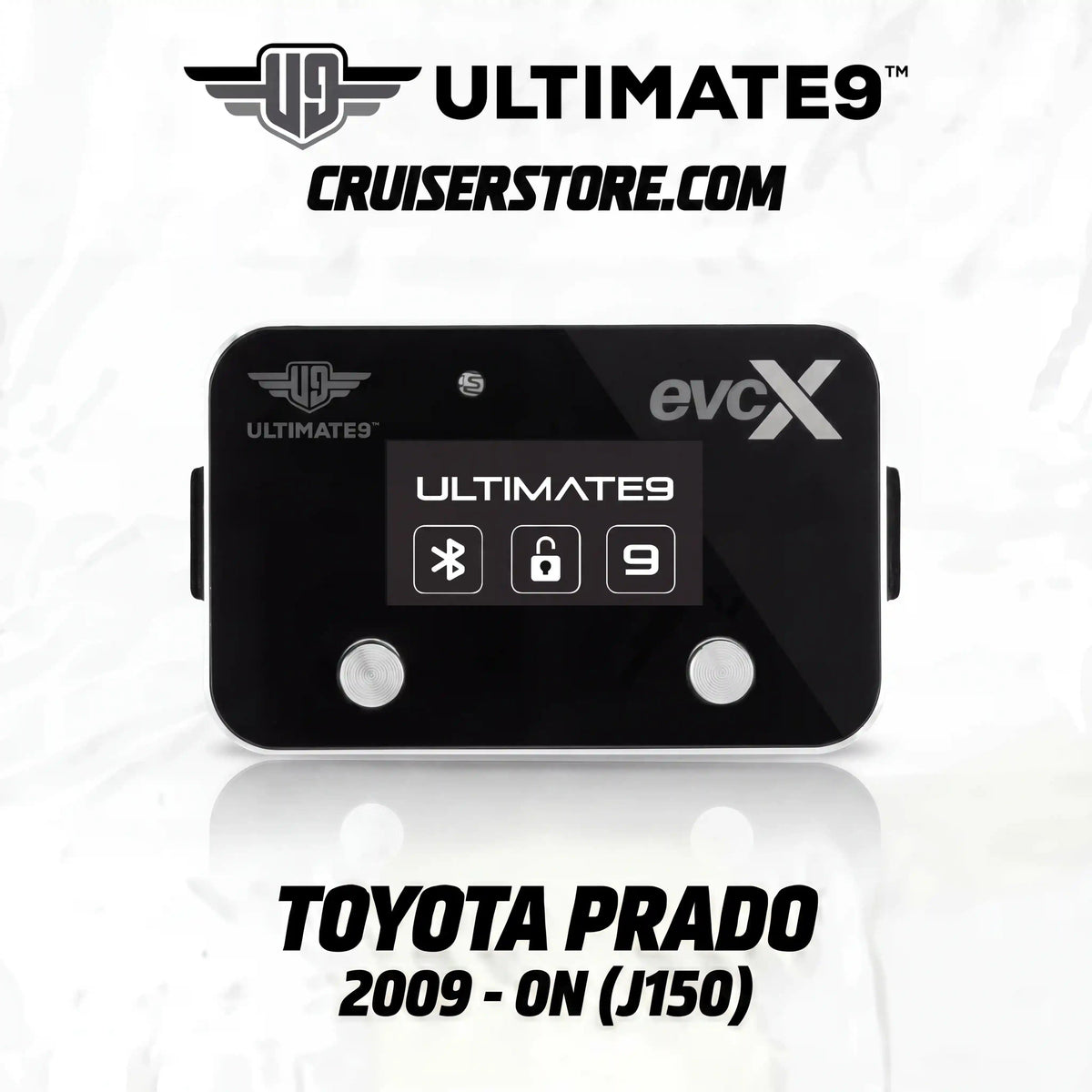 Black Ultimate9 evcX throttle controller for Toyota Prado 150 Series with branding on a white background