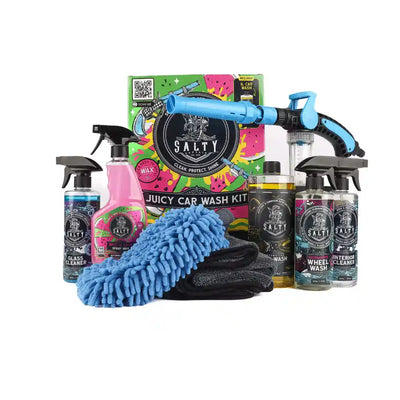 Car Juicy Car Wash Box with various cleaning products and a colorful box labeled 'Salty' on a white background.