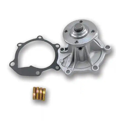 Metal water pump, gasket, and washers on a white background