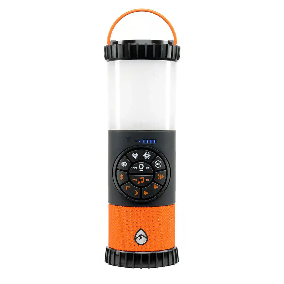 Orange and black portable lantern with speaker on a white background
