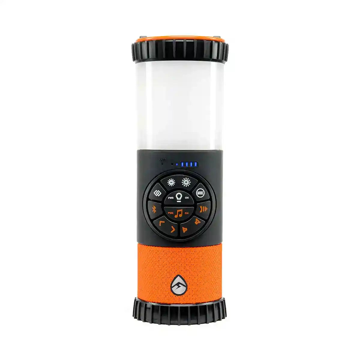 Portable lantern with orange and black design on a white background