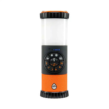 Portable lantern with orange and black design on a white background