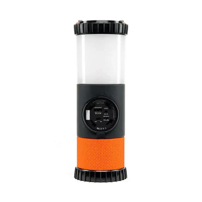 Tall cylindrical lantern with black top and bottom and orange middle section on a white background